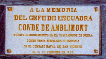 Foto de la placa en recuerdo del Conde de d’Amblimont que se encuentra en el Panteón de Marinos Ilustres de San Fernando. Cortesía del Museo Naval. Madrid.