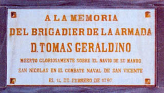 Lápida en el Panteón de Marinos Ilustres de don Tomás Geraldino y Geraldino. Cortesía del Museo Naval. Madrid.